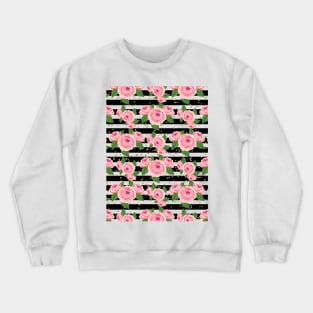 Peony On Black And White Stripes Crewneck Sweatshirt